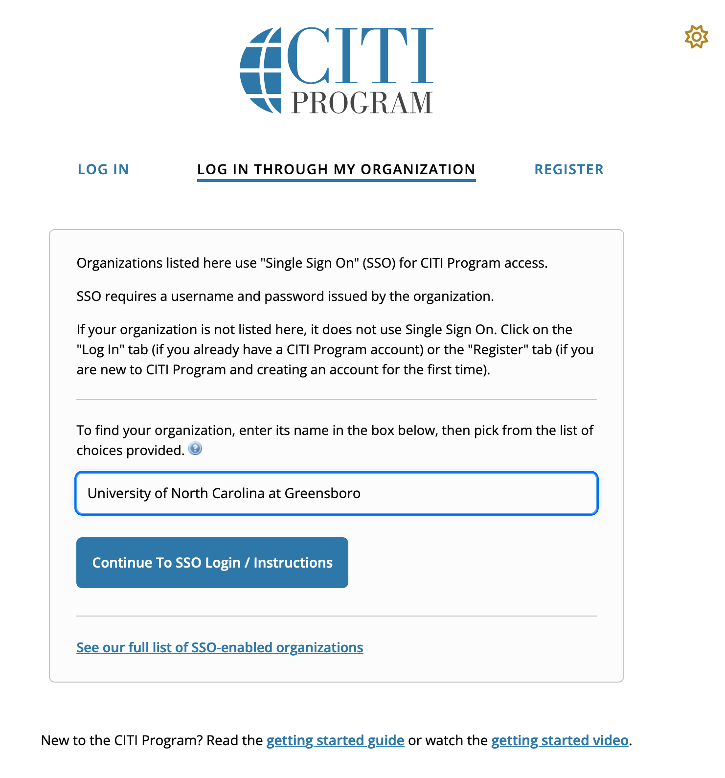 Log-in through organization page on CITI